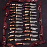 Image 2 of Wholesale Lot 100 Handmade Damascus Steel Skinner Knives with Elk Antler Handles & Leather Sheaths