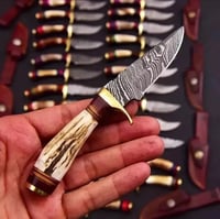 Image 3 of Wholesale Lot 100 Handmade Damascus Steel Skinner Knives with Elk Antler Handles & Leather Sheaths