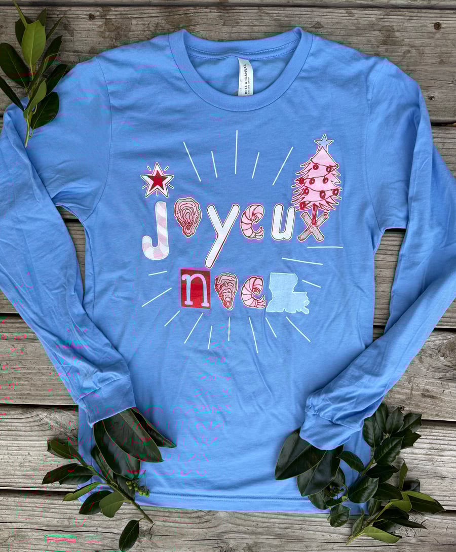Image of Adult Joyeux Noel Long Sleeve Tee- Carolina Blue