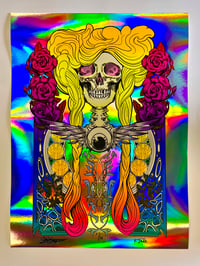 The Harvest Queen UV Reactive Silkscreen on Rainbow Foil