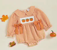 Image 1 of Pumpkin Gingham Baby Romper 🎃🧡