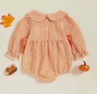 Image 2 of Pumpkin Gingham Baby Romper 🎃🧡