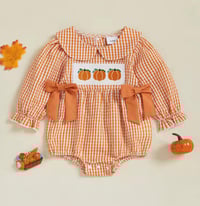 Image 3 of Pumpkin Gingham Baby Romper 🎃🧡