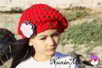 Image 2 of Red Crochet Slouchy Beret – Handmade Cotton Hat with Triple Flowers (Toddler & Kids Sizes)