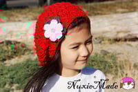Image 3 of Red Crochet Slouchy Beret – Handmade Cotton Hat with Triple Flowers (Toddler & Kids Sizes)