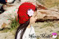 Image 4 of Red Crochet Slouchy Beret – Handmade Cotton Hat with Triple Flowers (Toddler & Kids Sizes)