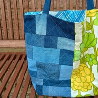 Image 2 of Garden Mosaic Handmade Tote Bag Upcycled Vintage Fabrics & Denim
