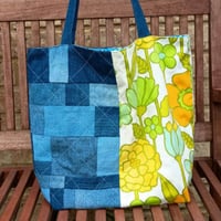 Image 1 of Garden Mosaic Handmade Tote Bag Upcycled Vintage Fabrics & Denim