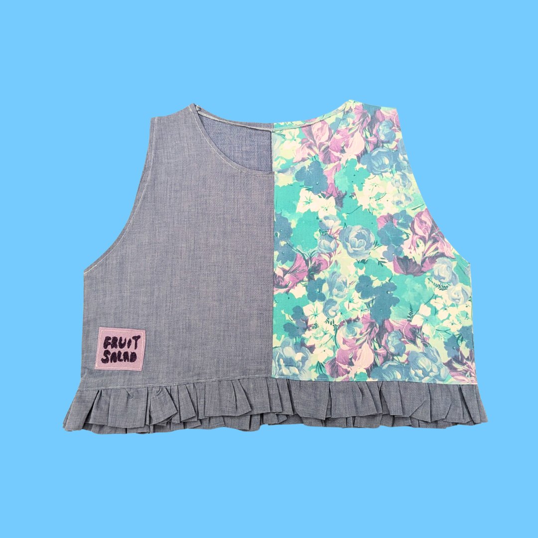 Image of Denim Floral Frill Crop Top