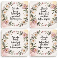 Image 1 of Coaster set. She who kneels before God can stand before anyone.