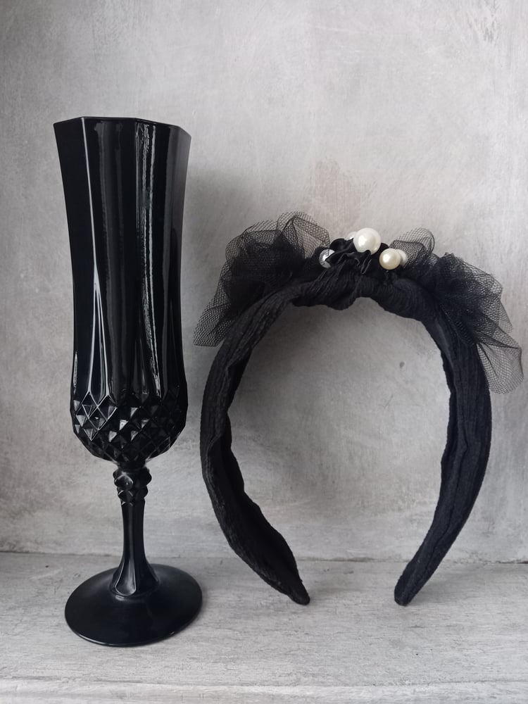 Image of Black Soft Gothic Tulle & Velvet Faux Seed Pearl Bead Wide Headband Head Piece