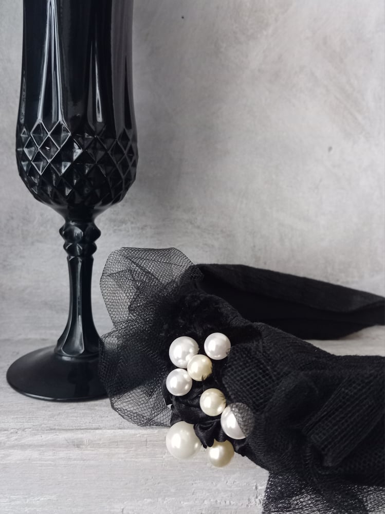 Image of Black Soft Gothic Tulle & Velvet Faux Seed Pearl Bead Wide Headband Head Piece