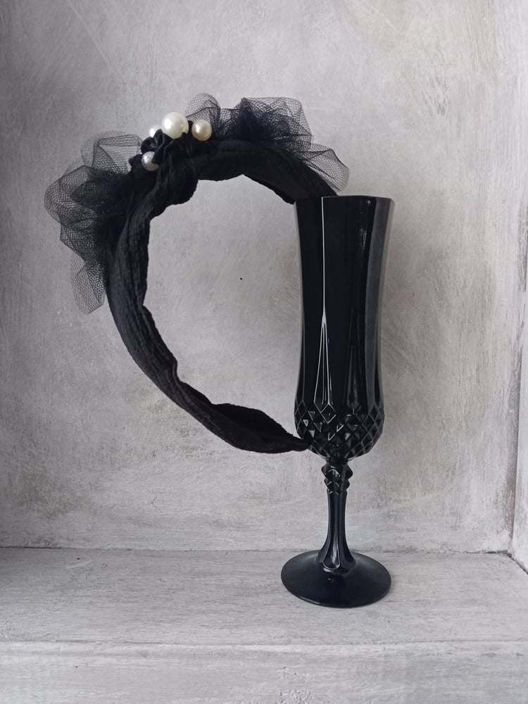 Image of Black Soft Gothic Tulle & Velvet Faux Seed Pearl Bead Wide Headband Head Piece