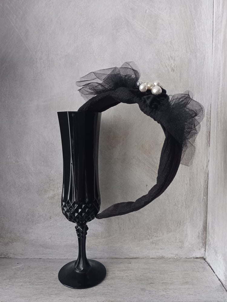 Image of Black Soft Gothic Tulle & Velvet Faux Seed Pearl Bead Wide Headband Head Piece