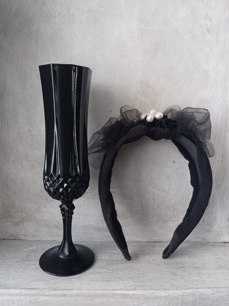 Image of Black Soft Gothic Tulle & Velvet Faux Seed Pearl Bead Wide Headband Head Piece