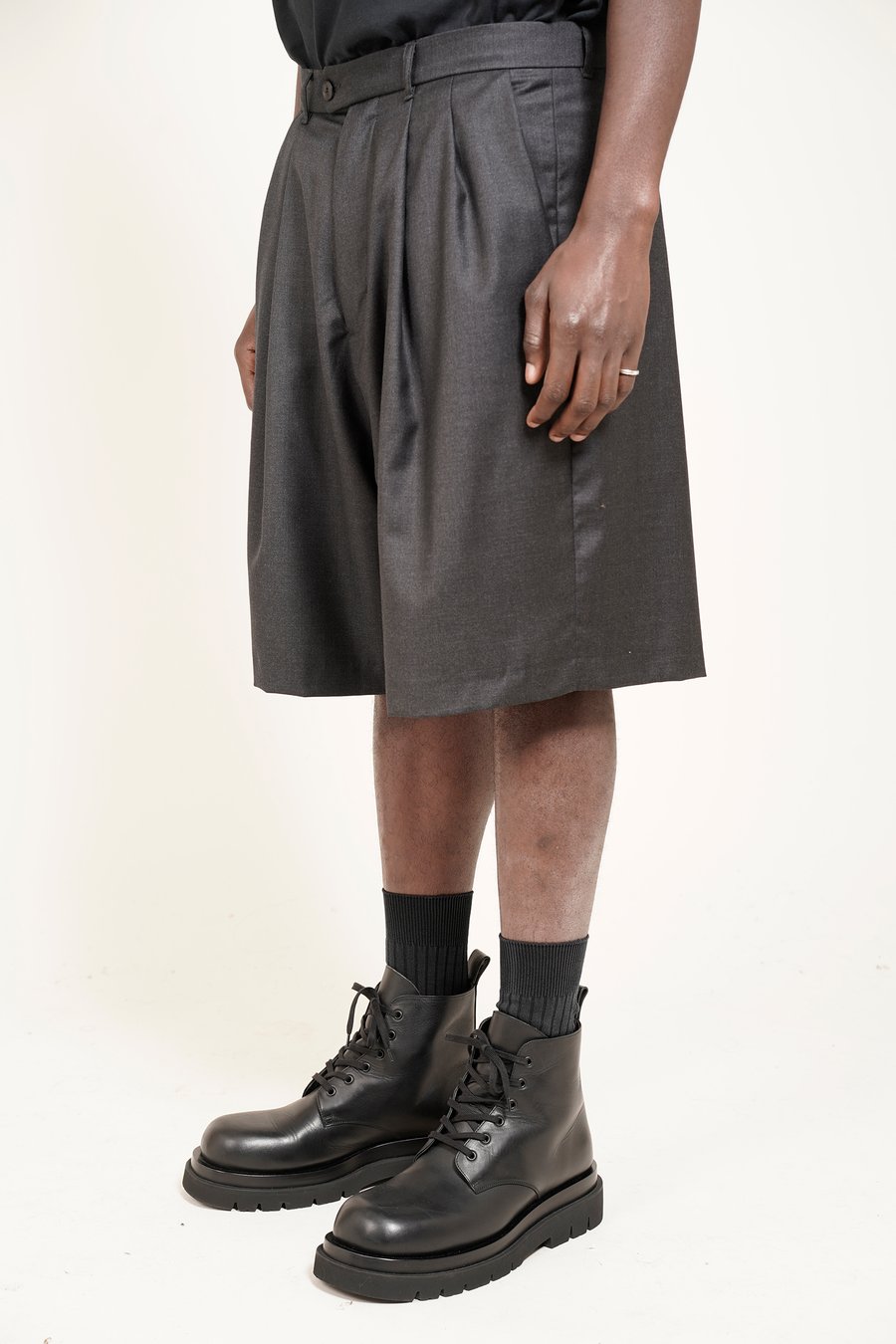 Image of Dark Grey Wool Wide Pleated Shorts