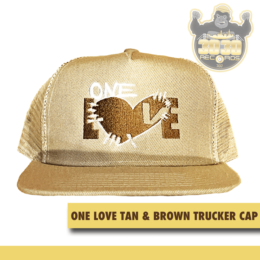 Image of ONE LOVE FOAM TRUCKER CAP TAN & BROWN (embroidered) EXCLUSIVE!