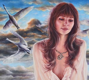 Image of "Leda" Original Oil Painting on Board by M Vlasic, Female Figure, Swan, Mythology Art