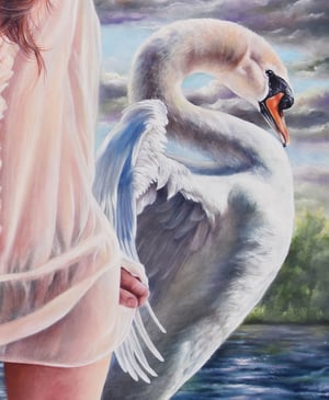 Image of "Leda" Original Oil Painting on Board by M Vlasic, Female Figure, Swan, Mythology Art