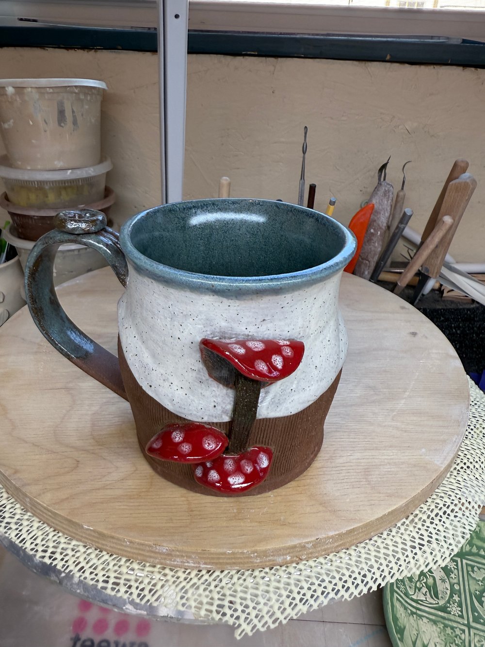 Image of The lady in red with mushrooms on the side!