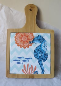 Image 1 of Eco-Friendly Bamboo and Ceramic Trivet with Seahorse Design – Coastal Home Decor