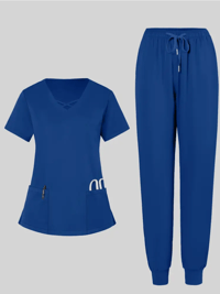 Image 1 of 2pcs Set Of Women's X-Shaped Neckline Frosted Breathable Uniform + Pockets