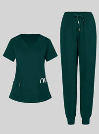 Image 2 of 2pcs Set Of Women's X-Shaped Neckline Frosted Breathable Uniform + Pockets