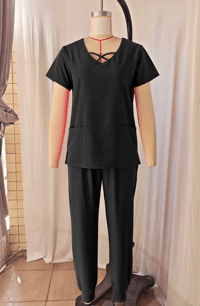 Image 4 of 2pcs Set Of Women's X-Shaped Neckline Frosted Breathable Uniform + Pockets