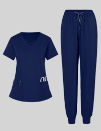 Image 5 of 2pcs Set Of Women's X-Shaped Neckline Frosted Breathable Uniform + Pockets