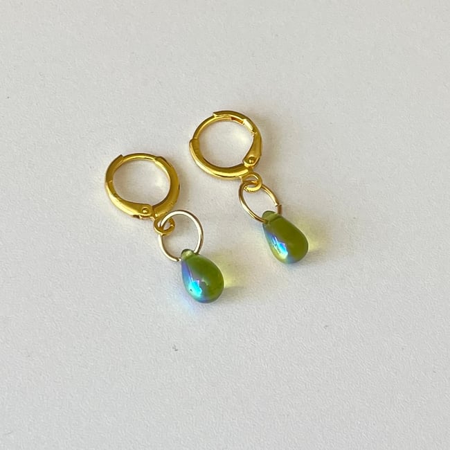 iridescent green glass teardrop huggie hoop earrings