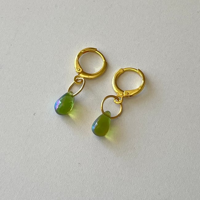 iridescent green glass teardrop huggie hoop earrings