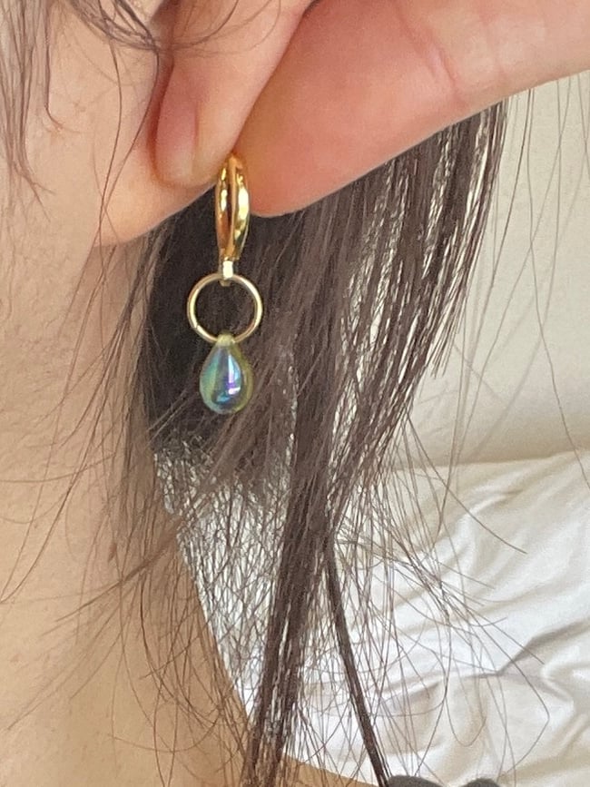 iridescent green glass teardrop huggie hoop earrings