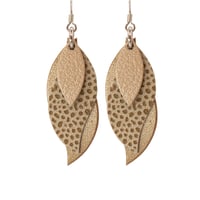 Image 1 of Australian made leather earrings - Leaf. Almond, animal print, matte rose gold [LAR-074]