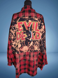 Image 1 of Evil Dead Splatter Flannel – Upcycled Red Plaid Shirt with Horror Patch