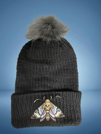 Hand-Knit Death’s-Head Moth Beanie – Faux Fur Pom & Gothic Patch Detail