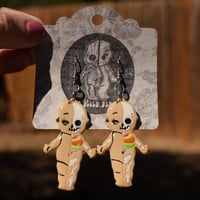 Image 2 of Kilos Kewpie Half Skeleton Polymer Clay Handmade Earrings- Rainbow Ribcage Skeleton