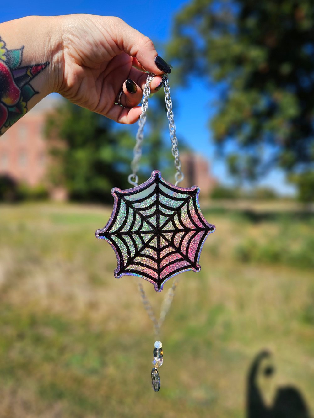 Image of Baby Pink Holographic Spiderweb Wall Art