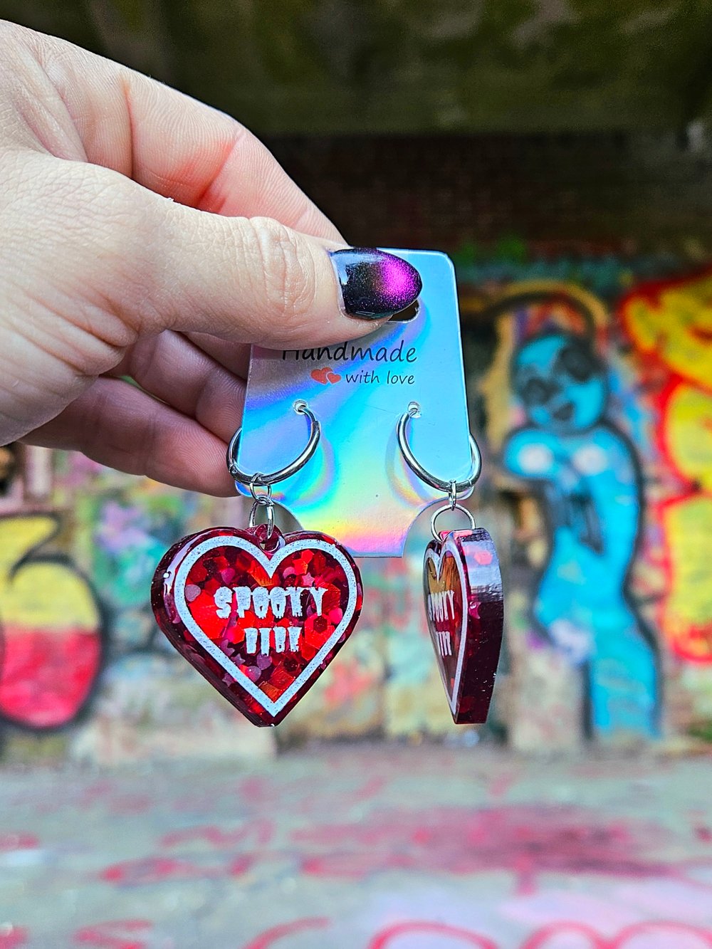 Image of Spooky Babe Heart Earrings: Red Glitter w/ White Lettering