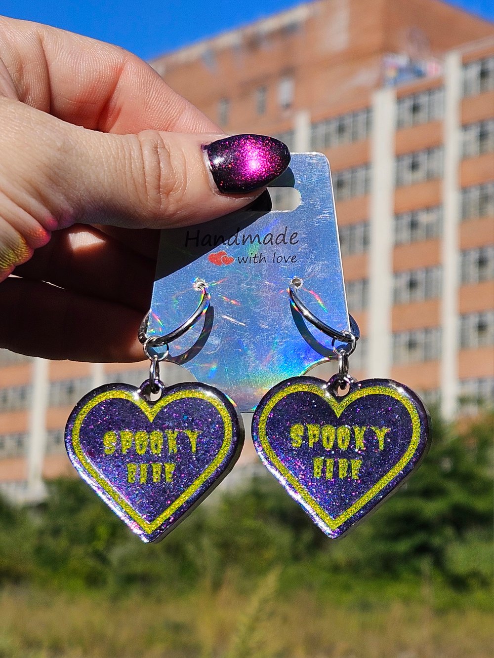 Image of Spooky Babe Heart Earrings: Purple/ Blue Color-shift w/ Chartreuse Lettering