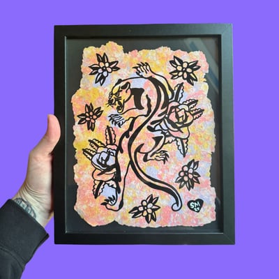 Image of Panther & Roses Recycled Paper Framed Original 