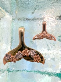 Image 2 of 14k solid gold whale tail with plumeria flowers pendant 