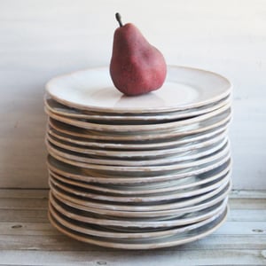 Image of Custom Order for Kathleen, Set of 16 Dinnerware Plates in Dripping White and Ocher Glaze