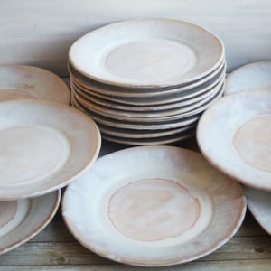 Image of Custom Order for Kathleen, Set of 16 Dinnerware Plates in Dripping White and Ocher Glaze