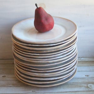 Image of Custom Order for Kathleen, Set of 16 Dinnerware Plates in Dripping White and Ocher Glaze