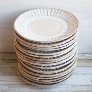 Image of Custom Order for Kathleen, Set of 16 Hand Carved Salad Plates in Ocher and White Glaze