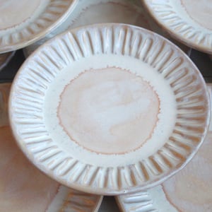 Image of Custom Order for Kathleen, Set of 16 Hand Carved Salad Plates in Ocher and White Glaze