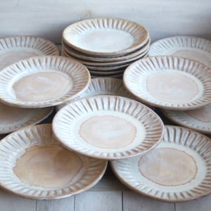 Image of Custom Order for Kathleen, Set of 16 Hand Carved Salad Plates in Ocher and White Glaze