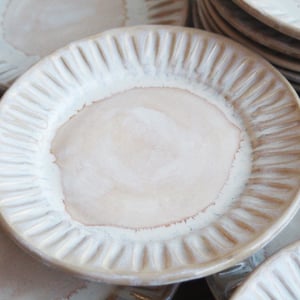 Image of Custom Order for Kathleen, Set of 16 Hand Carved Salad Plates in Ocher and White Glaze