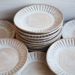 Image of Custom Order for Kathleen, Set of 16 Hand Carved Salad Plates in Ocher and White Glaze