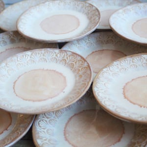 Image of Custom Order for Kathleen, Set of 16 Dessert Dishes in White and Ocher Glaze